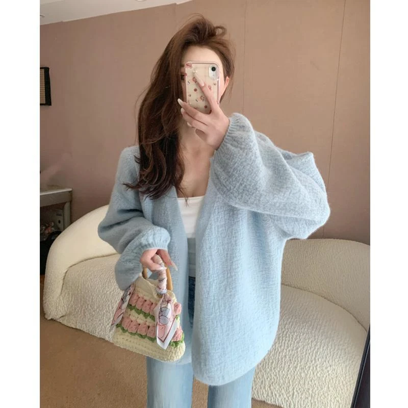 新款树皮纹工艺泡泡袖针织开衫女2025慵懒风宽松百搭上衣外套