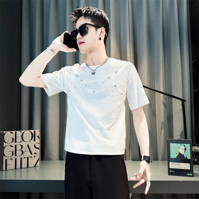 男士短袖t恤夏季2025新款高级感潮牌痞帅烫钻印花半袖圆领上衣服