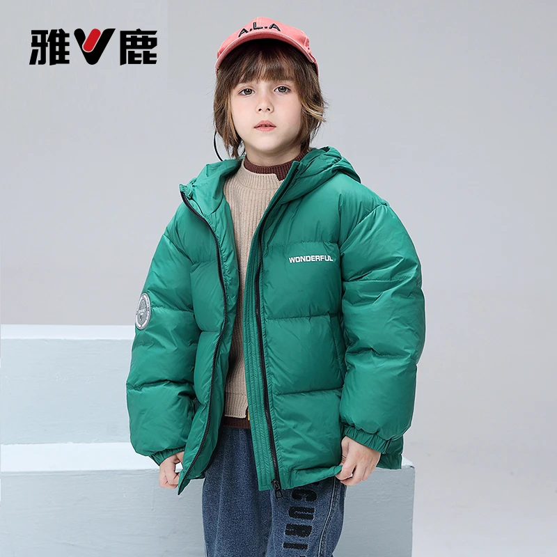 2024冬季新款雅鹿男童女童羽绒服儿童纯色面包服中大童保暖外套潮