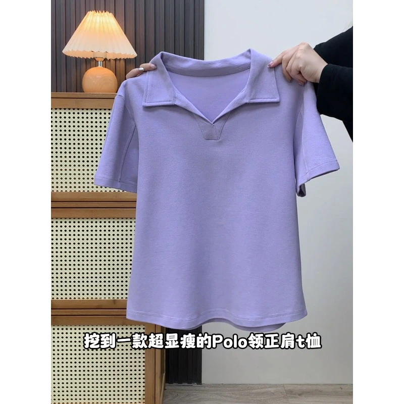 特大码200斤港风chic减龄正肩V领polo衫女夏季休闲遮肉显瘦上衣潮
