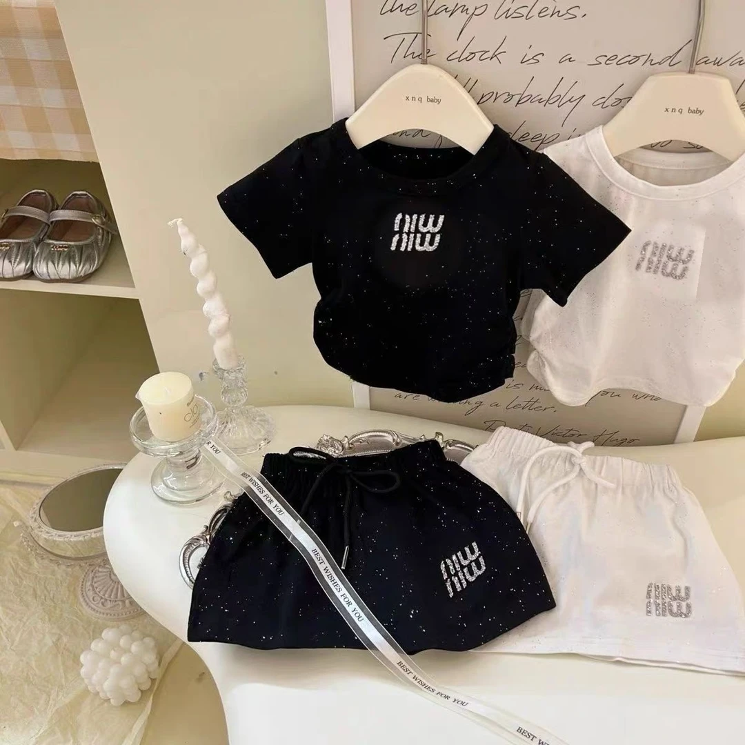 【现货福利】女童套装2025夏季新款T恤洋气烫钻字母半身裙两件套