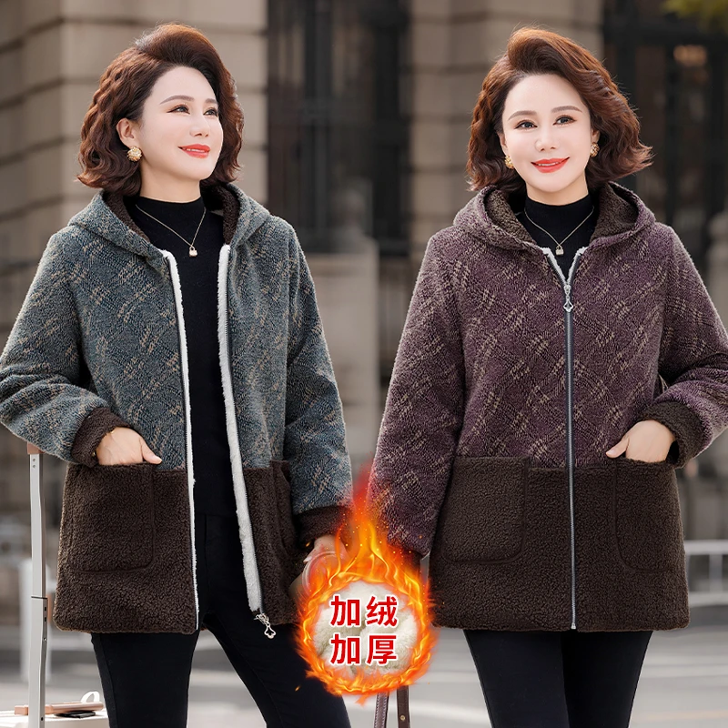 中年妈妈冬装加绒连帽大衣中老年女装秋冬季加厚毛呢外套时尚保暖