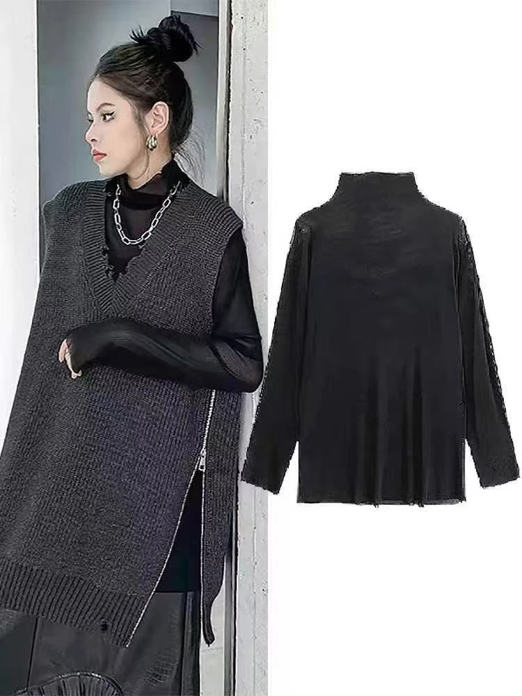 CS007高领弹力内搭网纱打底衫t恤女秋冬新款薄款宽松显瘦春秋外穿