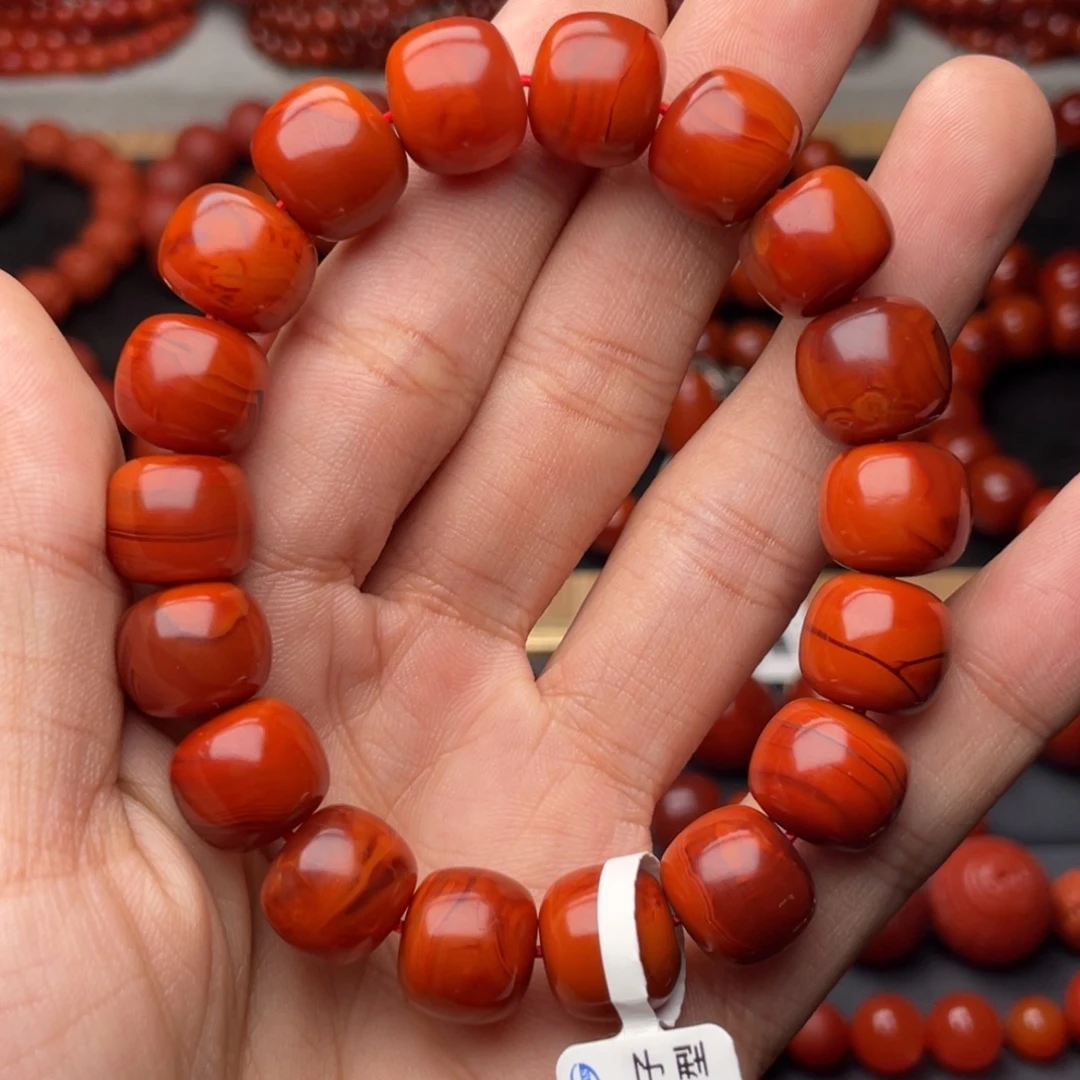 南红玛瑙未镶嵌手串H12.5mm收藏满肉柿子牛血双色火焰老型手串