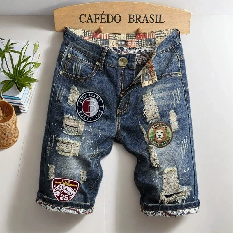 破洞牛仔短裤男士夏季新徽章刺绣潮流个性五分裤复古宽松直筒中裤