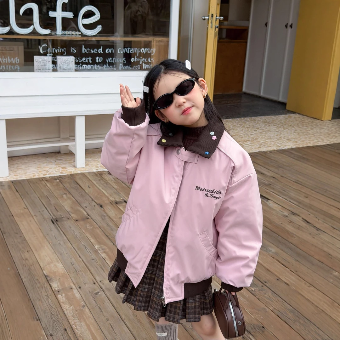 【冬款夹棉】儿童粉色直击少女心自带活泼彩扣翻领棒球服外套25K056
