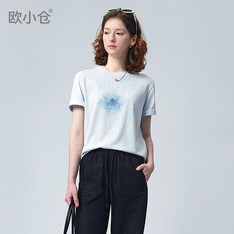 欧小仓生如夏花 水中倒影 浅蓝色短袖t恤女夏薄款轻奢高级感 6132