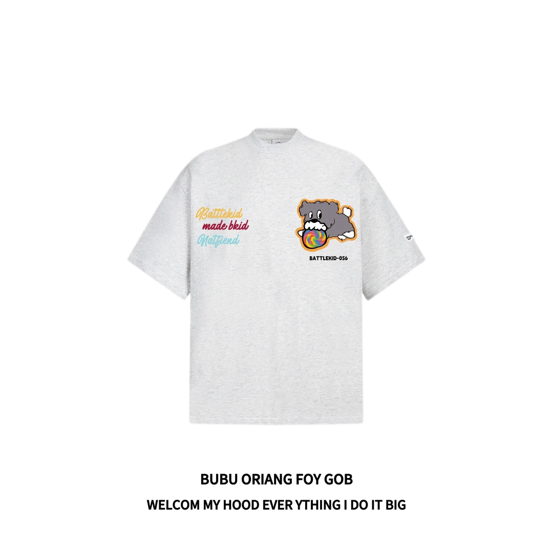 FOYGOB美式心情小狗系列刺绣魔术贴短袖T恤男女夏季情侣潮牌上衣