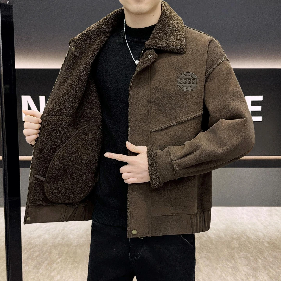 轻奢痞帅男装秋冬2025新款皮毛加绒夹克加厚保暖韩版休闲外套男款