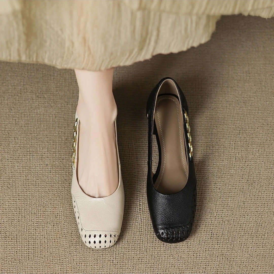【工厂价】3cm,夏季新款中跟凉鞋女真皮包头鞋镂空透气夏天单鞋女