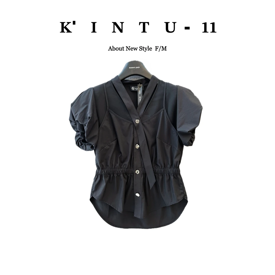 【K-11】原创设计泡泡短袖收绳收腰小裙边衬衫短袖T恤A0546