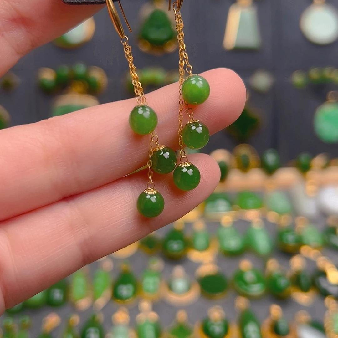 和田玉18K金镶嵌耳饰