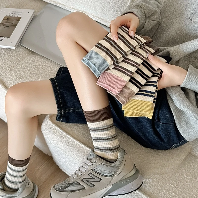【8双】2025秋冬女士袜子新款堆堆袜蓝棕条纹中筒袜百搭肯鞋长筒袜
