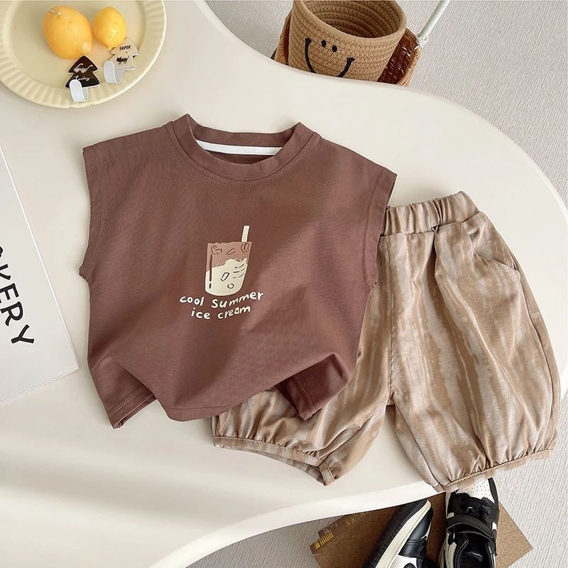 无袖短袖套装卡通动漫纯色夏季男宝圆领背心帅气韩版百搭印花男孩