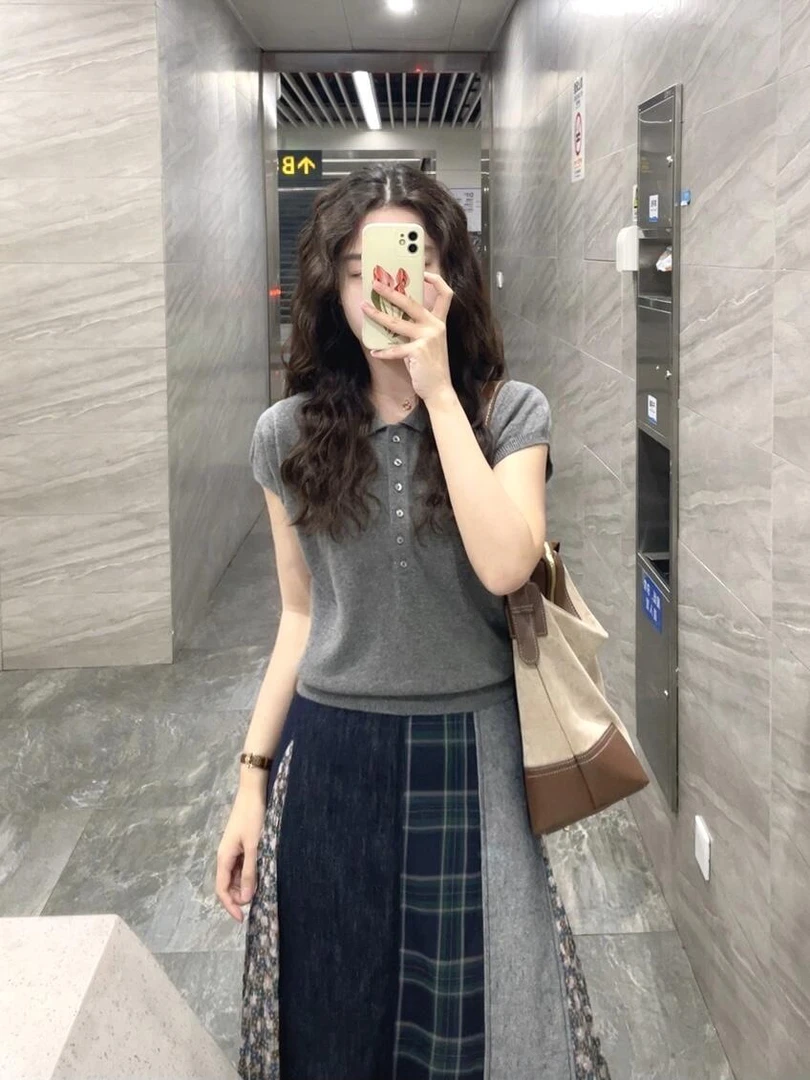 【灰调协奏】时尚高级感灰色扣子针织上衣搭配高腰不规则拼接半裙女