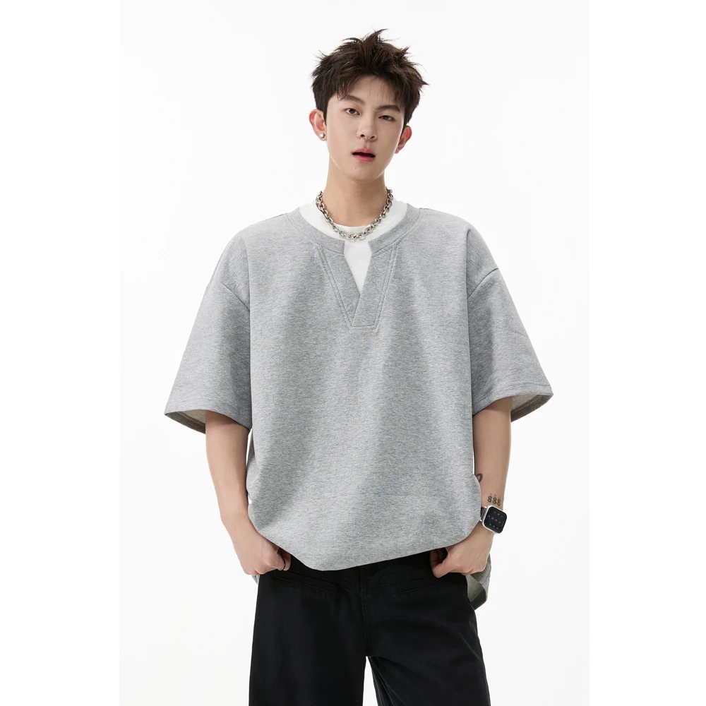 夏季太空棉假两件结构拼接短袖男女设计基础宽松百搭休闲潮流T恤