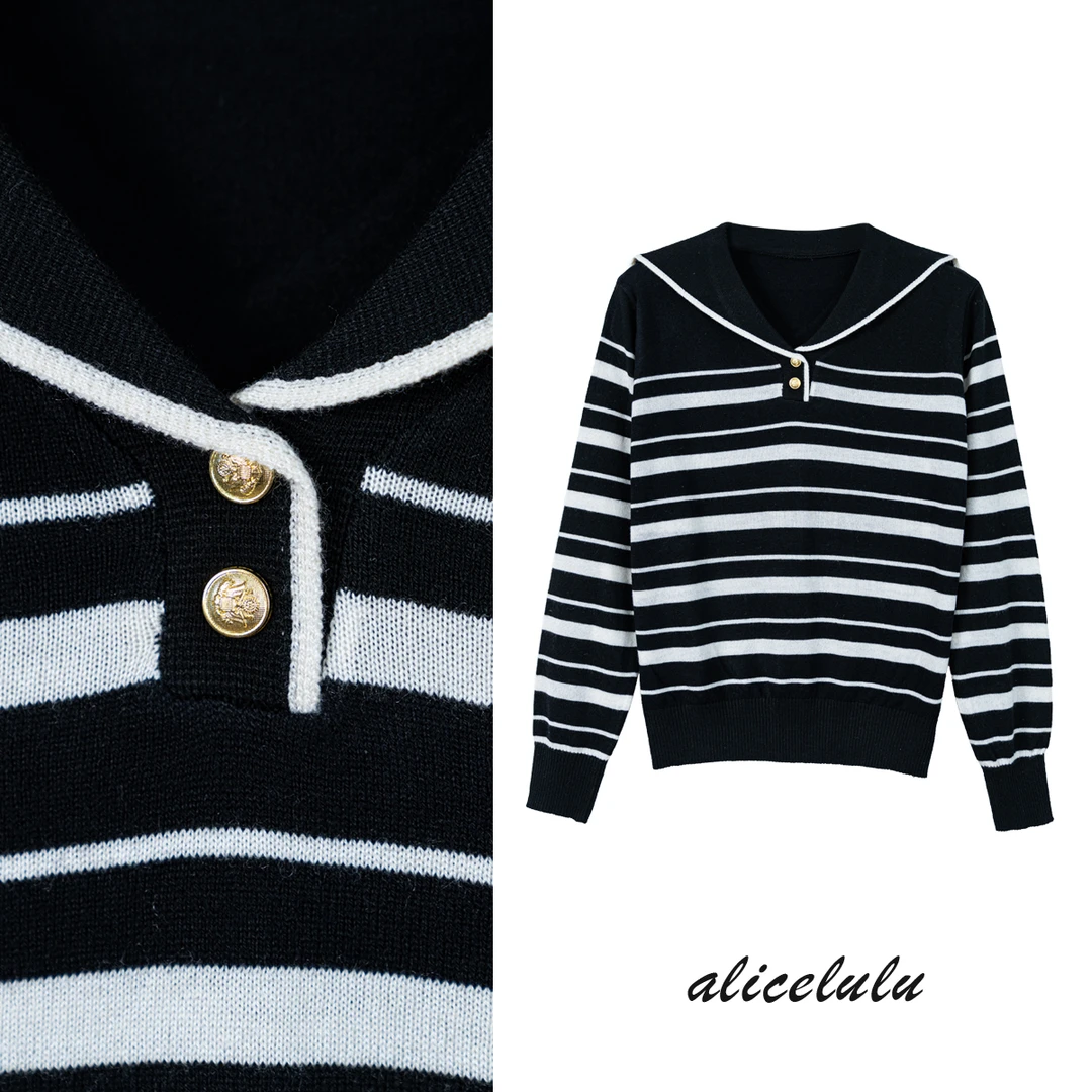 2[alicelulu]海军领条纹时尚针织衫春秋新款洋气宽松S2144392T