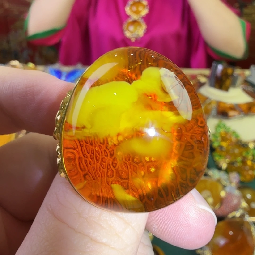 蜜蜡银S925镀金镶嵌戒指