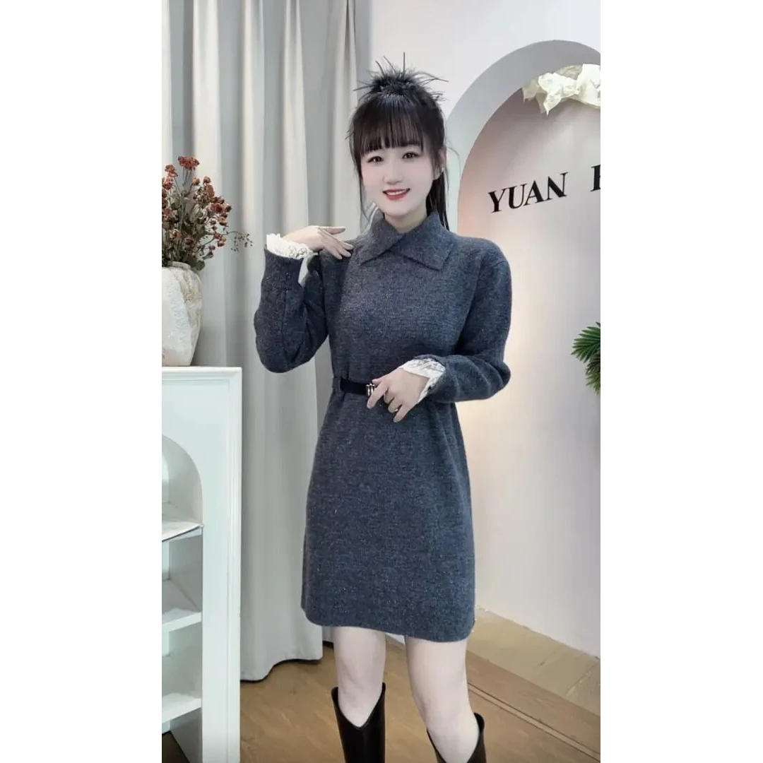 2025冬季新款翻领袖口拼接蕾丝时尚气质针织裙