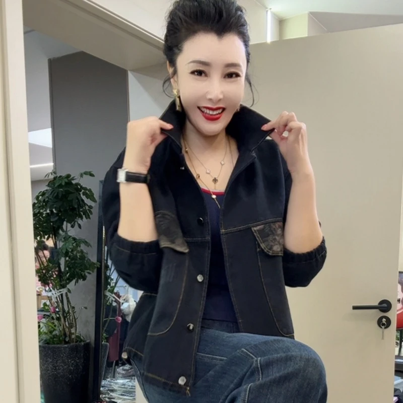 12常规拼接春秋短外套牛仔黑色翻领时尚女宽松型2025年秋季网红