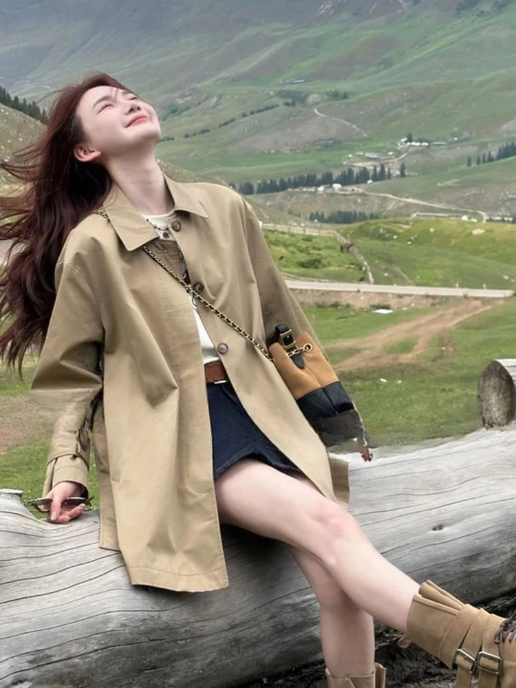 秋季中长款翻领风衣外套女2025新款韩系高级感时尚气质女士上衣