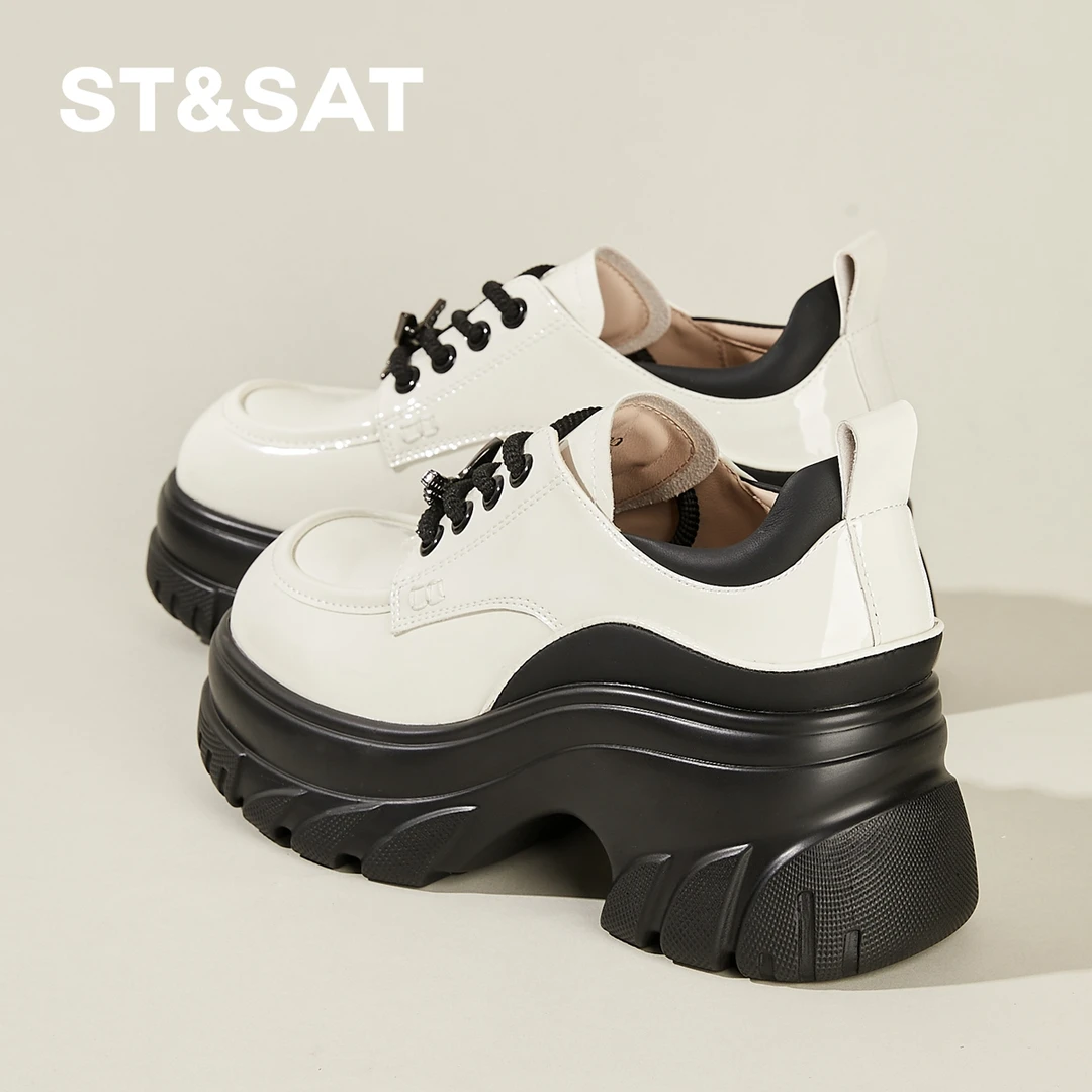 星期六2025新款夏季白色小皮鞋圆头乐福鞋厚底真皮系带小个子女鞋