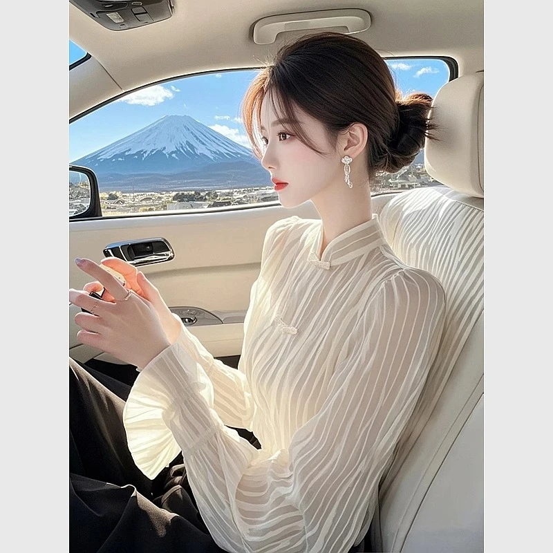 设计感小众白色条纹衬衫女2025早春季新款新中式国风复古盘扣衬衣
