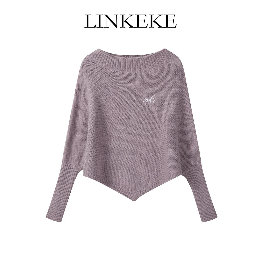 秋季2025新款爆款高级感紫色刺绣不规则针织毛衣女设计感宽松上衣