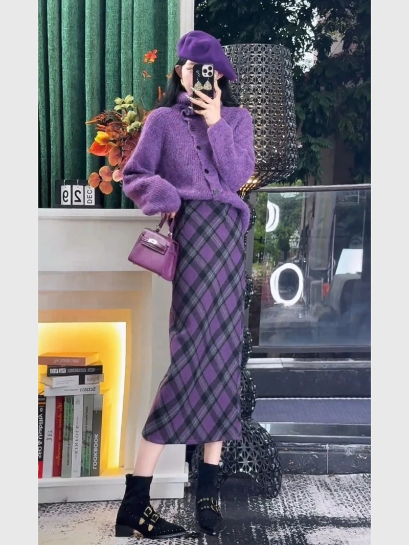 慵懒风秋冬2025新款小个子紫色针织开衫外套格纹半身裙两件套装女