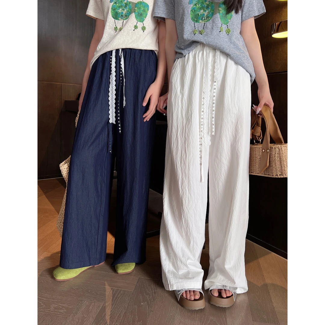 2025夏季新款高端欧货松紧腰抽绳休闲裤女宽松显瘦百搭阔腿长裤