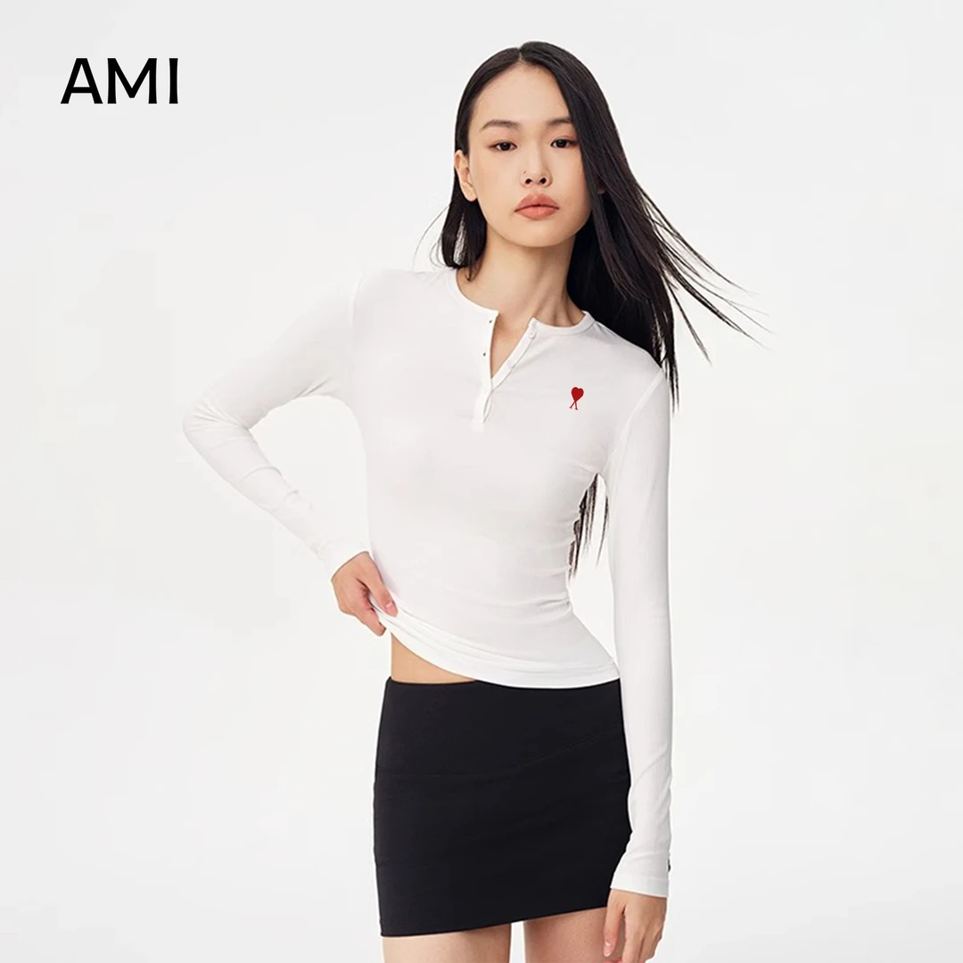 AMI轻奢女装灰色修身针织长袖T恤女春秋季正品紧身内搭上衣打底衫