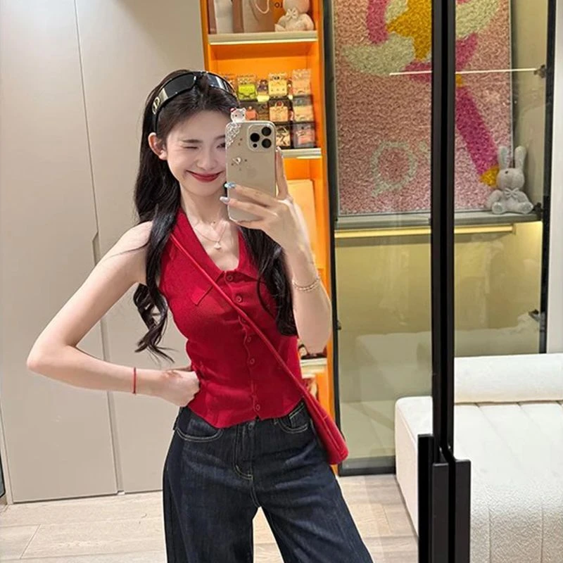 复古红色领无袖针织恤女夏季修身收腰辣妹弹力显瘦百搭上衣