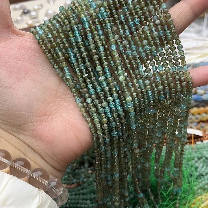 玛瑙/玉髓未镶嵌珠宝半成品一条3.5mm左右蓝绿磷灰刻面