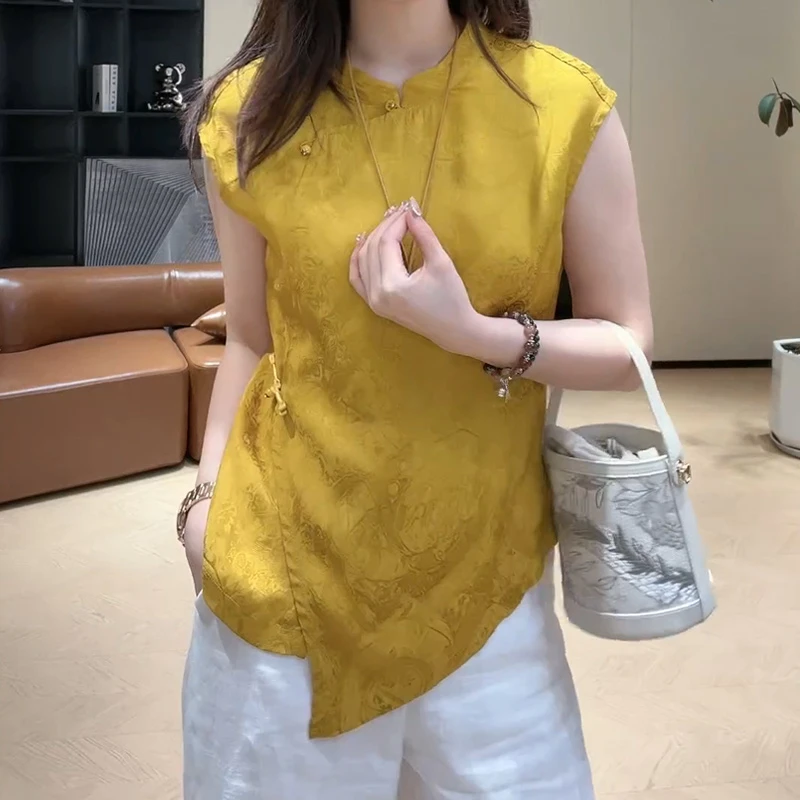 新中式提花不规则无袖立领上衣女2025年夏季新款休闲温婉大方衣服