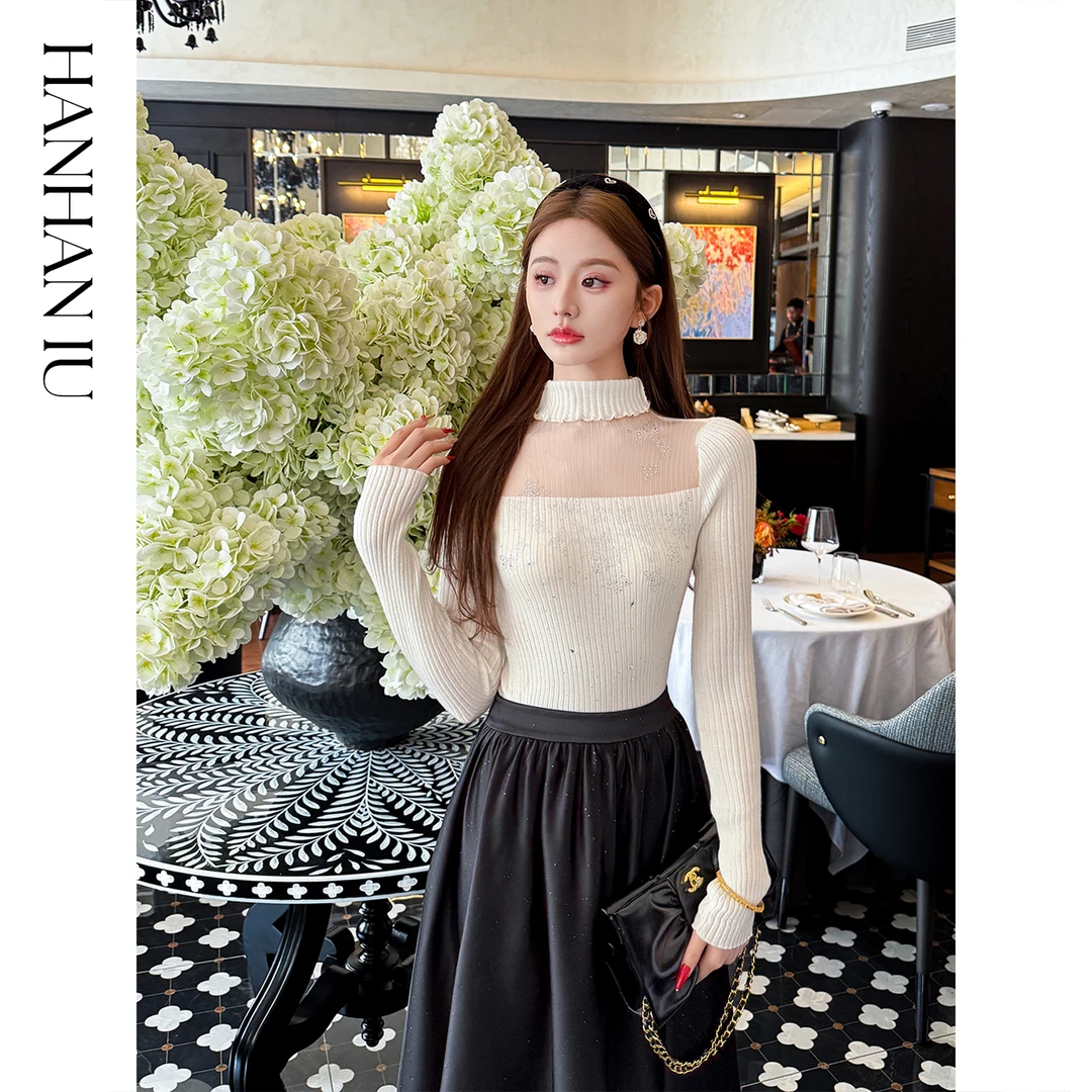 韩韩IU【莉莉安回廊】莱赛尔混纺高温手工烫钻蝴蝶高领打底毛衣