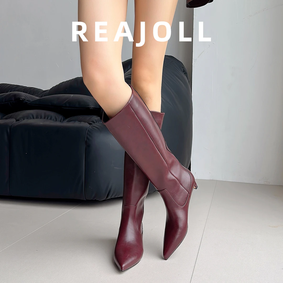 法式气质尖头猫跟长筒靴子女2025秋冬新款酒红色不过膝高筒长靴