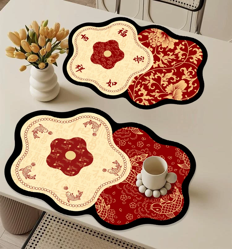 【两个装】双花造型红色喜庆餐垫硅藻泥沥水垫吸水桌面防滑垫餐垫
