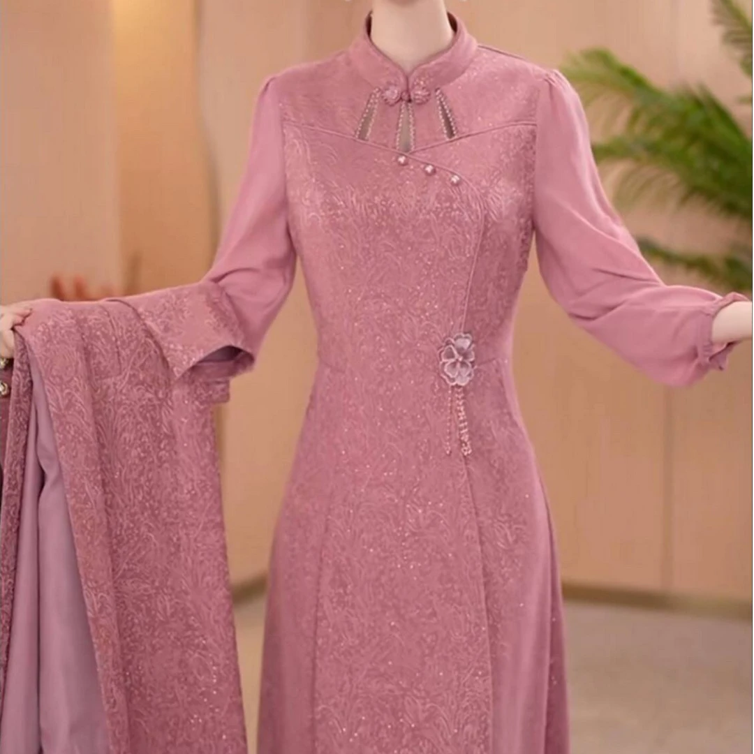 高档提花软精纺时尚风衣旗袍裙两件套2025秋冬新款阔太太优雅礼服