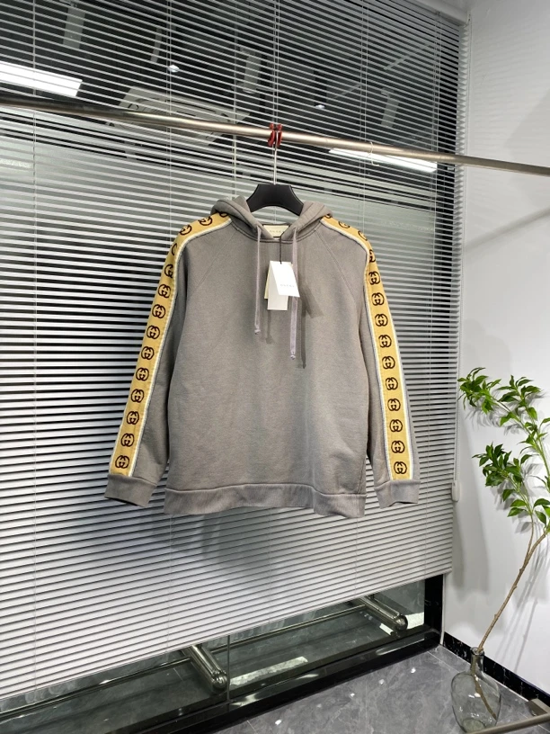 99新 GUCCI/古驰 连帽卫衣 帽衫 刺袖双Glogo 灰色 L码 ko1955
