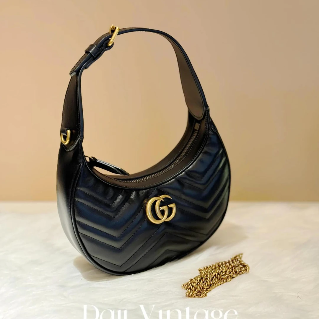 99新 GUCCI/古驰 大吉中古/gucci古驰黑金半月腋下迷你单肩