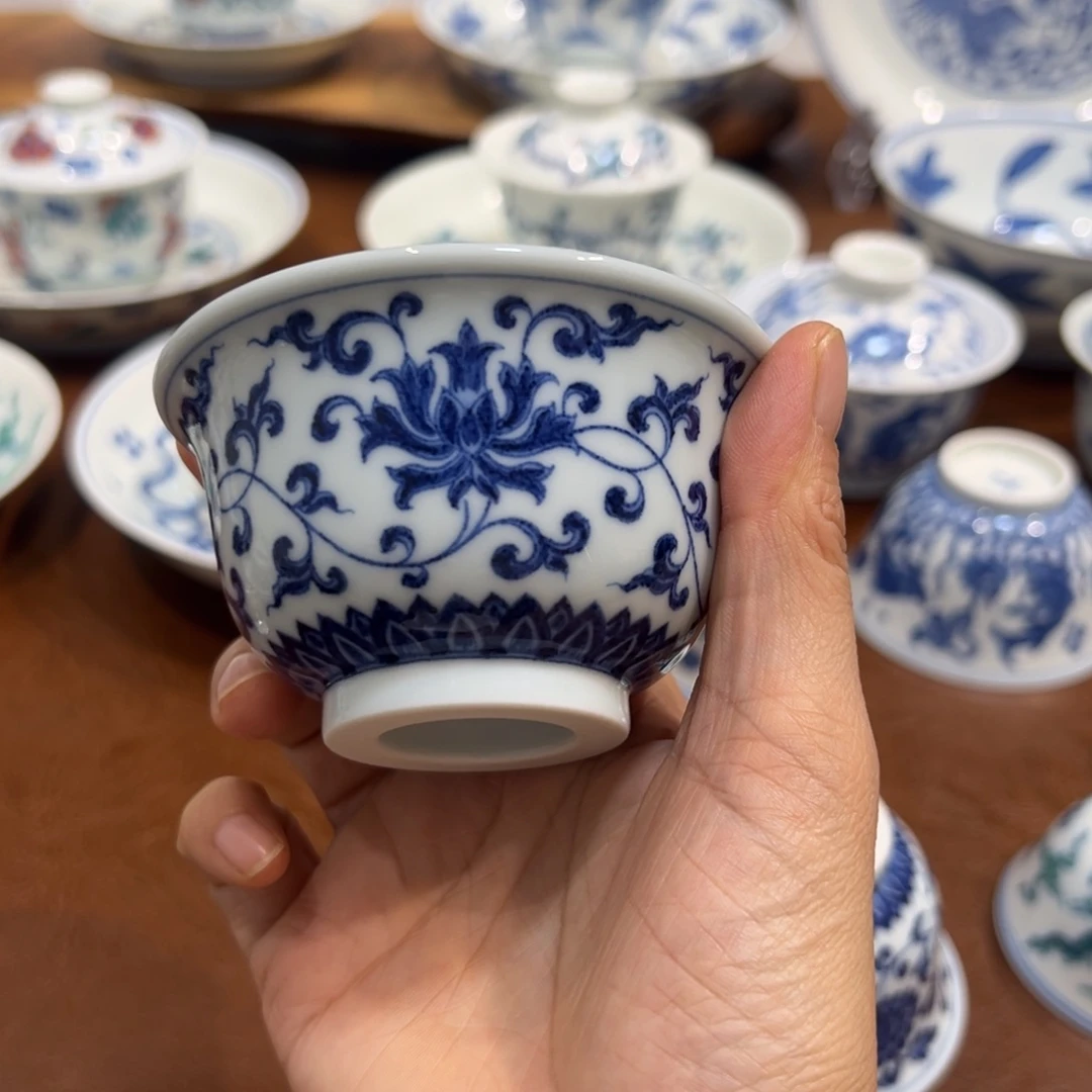 杯子缠枝宝莲纹压手杯纯手工