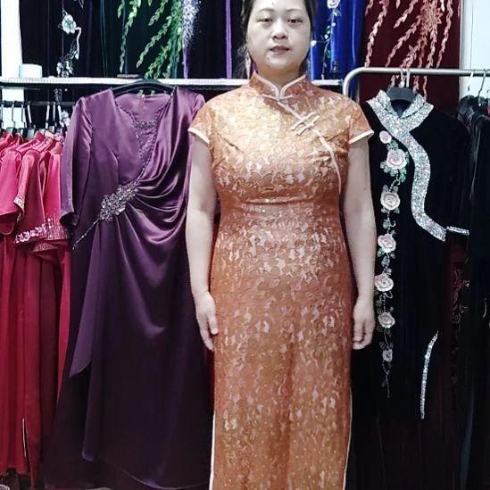 橘色蕾丝亮片长款旗袍2xl125斤以内