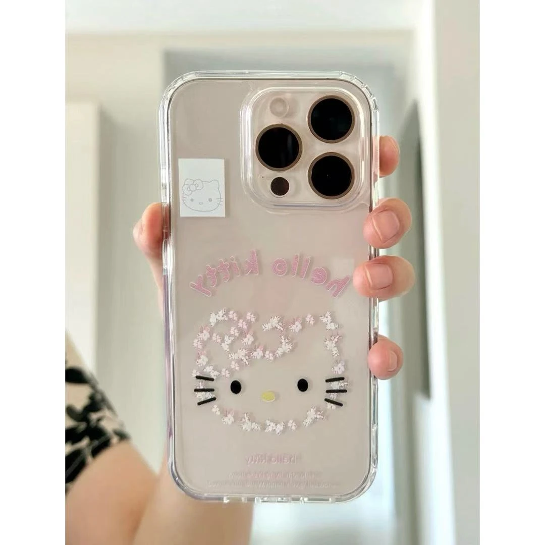 可爱碎花粉kitty酱适用iPhone16pro高透手机壳华为vivo小米oppo套
