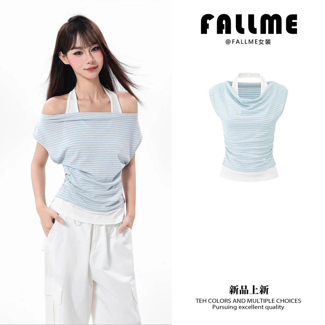 时尚条纹设计感挂脖一字肩短袖t恤女夏季潮流百搭辣妹ins上衣新品