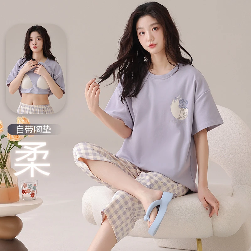 睡衣女士夏季纯棉短袖七分裤薄款全棉宽松带胸垫家居服两件套可爱