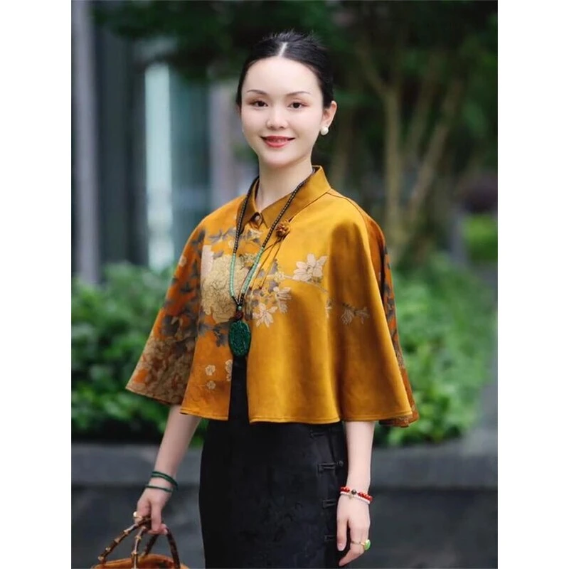 国风复古贵妇人重缎香云缎牡丹花定位印花渐变色斗篷披肩外套新款