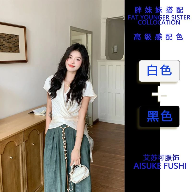 大码胖mm新中式穿搭一整套女夏短袖T恤上衣禅意休闲阔腿裤裙套装