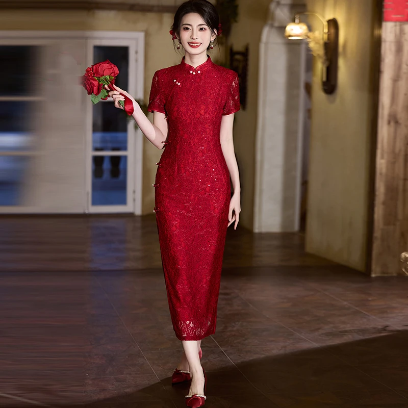 喜婆婆婚宴装2025新款夏季高贵年轻妈妈礼服平时可穿红色旗袍裙子