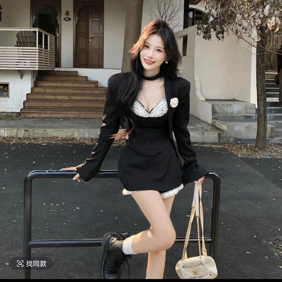 2025秋冬新款纯欲风辣妹气质修身抹胸外套裙裤女装富家千金三件套