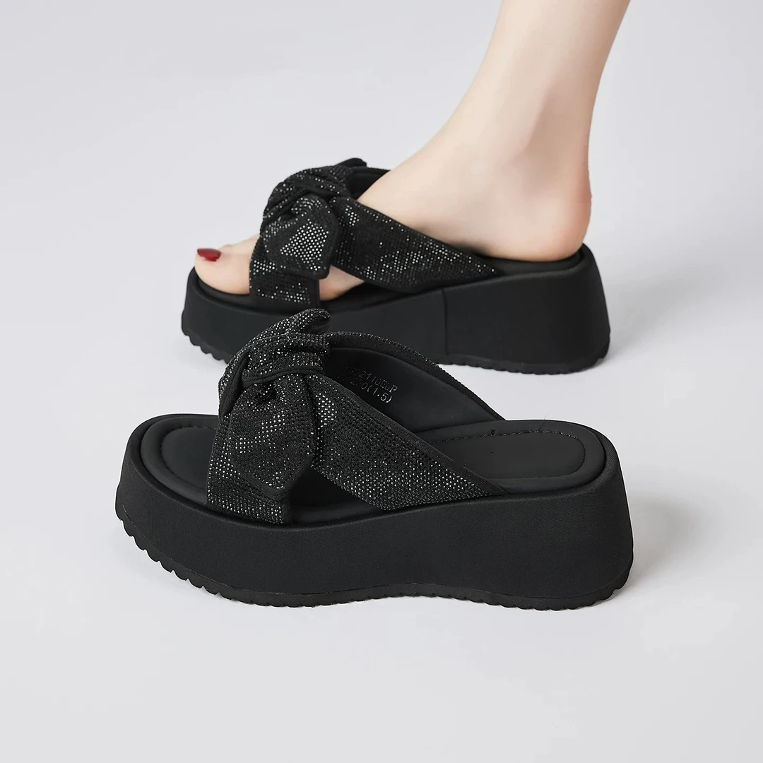 【按主播编码下单】厚底网红休闲一字拖交叉女鞋夏季夏季增高水钻拖